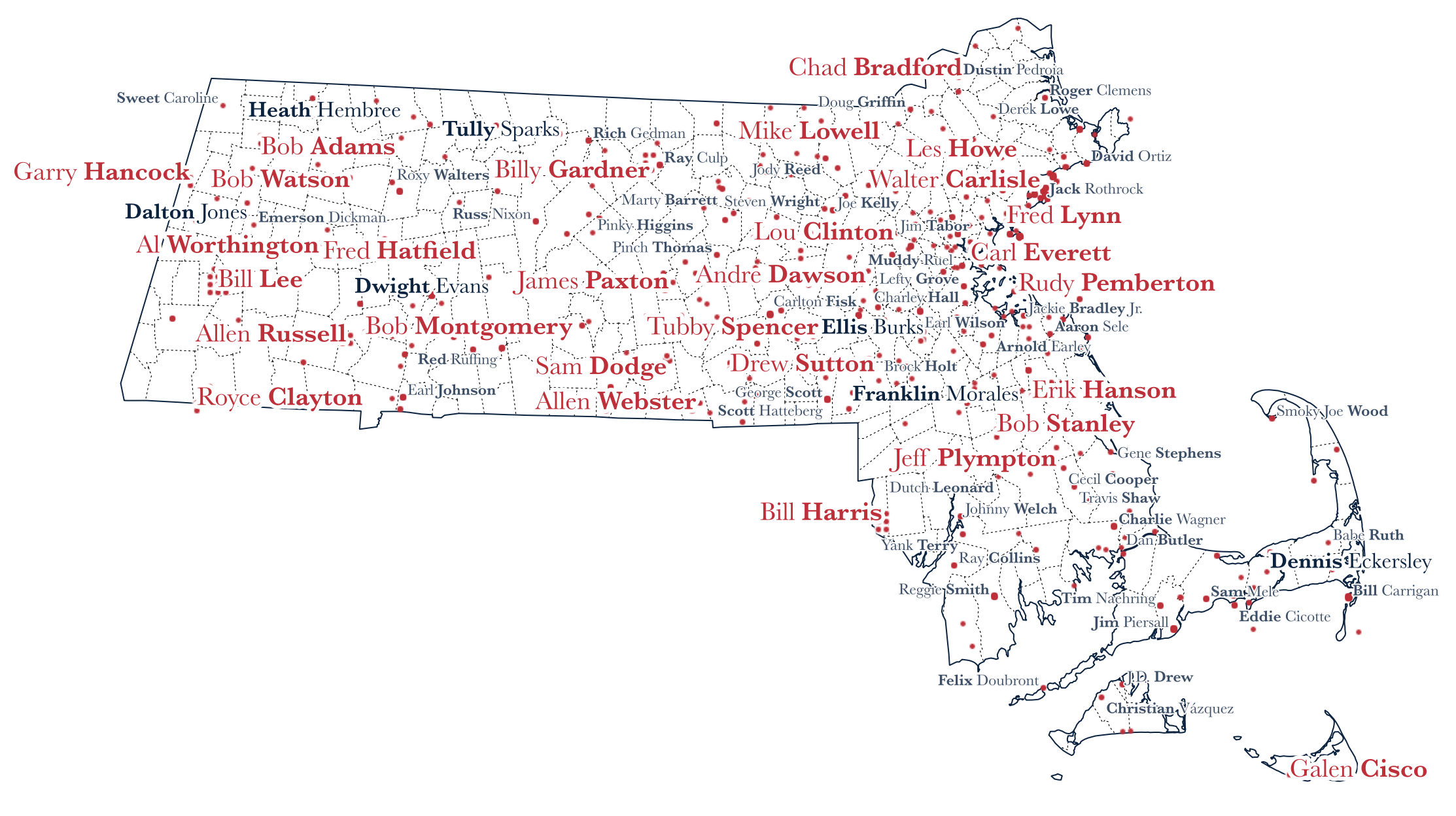 A map of Massachusetts showing places that share names with Red Sox players over the years.